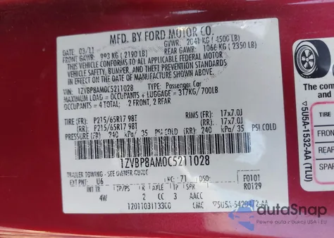 2012 Ford Mustang z USA, uszkodzony, nr VIN 1ZVBP8AM0C5211028